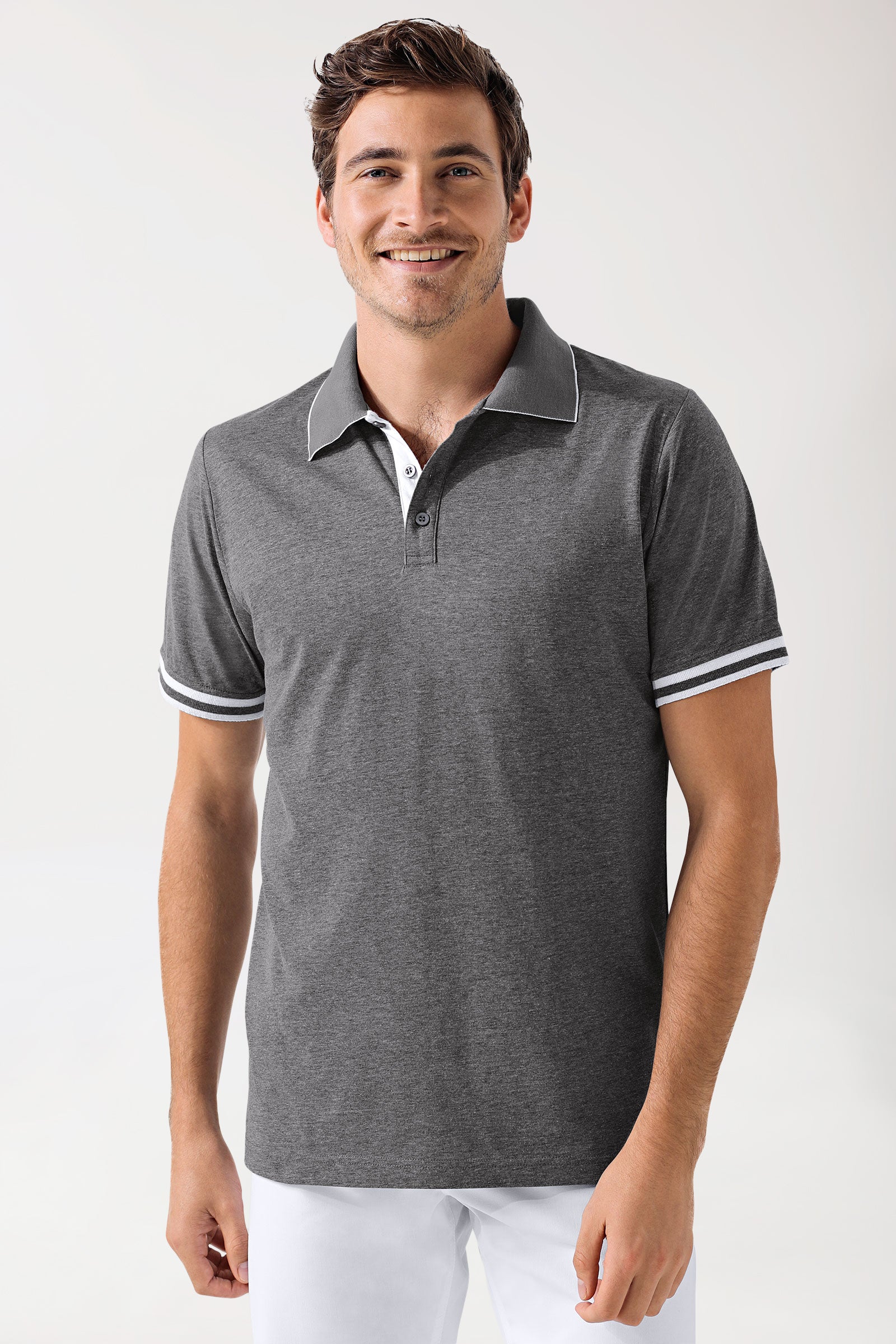 Stretch Shirt Herren - Polokragen - Kontrastknopfleiste - dunkelgrau melange/weiss, Vorderansicht 