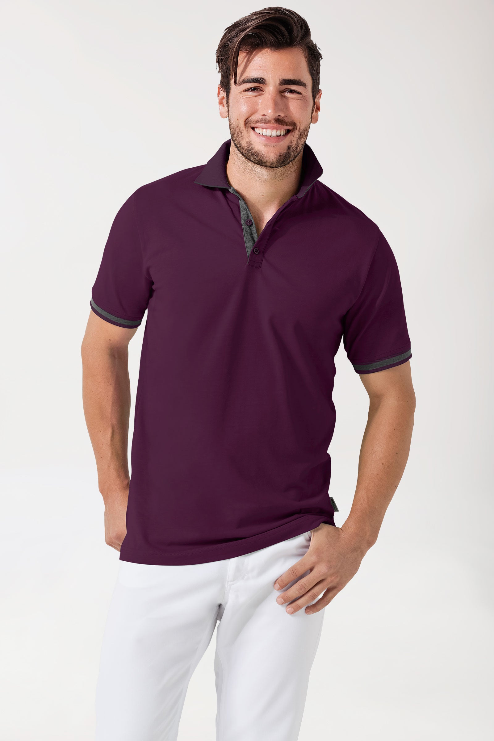 Stretch Shirt Herren - Polokragen pflaume/dunkelgrau melange, Vorderansicht 