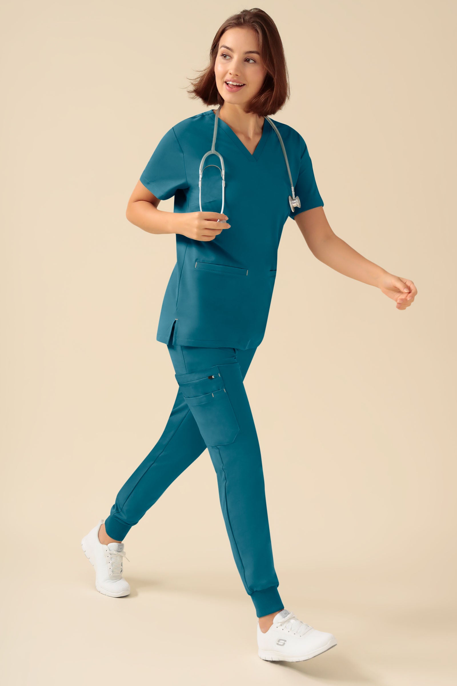 KAERE Schlupfkasack Damen - V-Ausschnitt petrol, Vue de face Le mannequin mesure 177 cm et porte la taille S