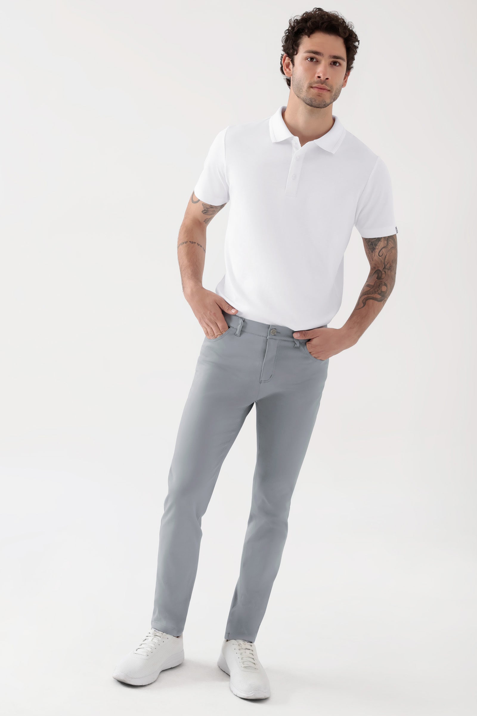 COMFY FLEX 5-Pocket Hose Herren - schlankes Bein grau, Vorderansicht Das Model ist 188 cm groß und trägt Grösse 48