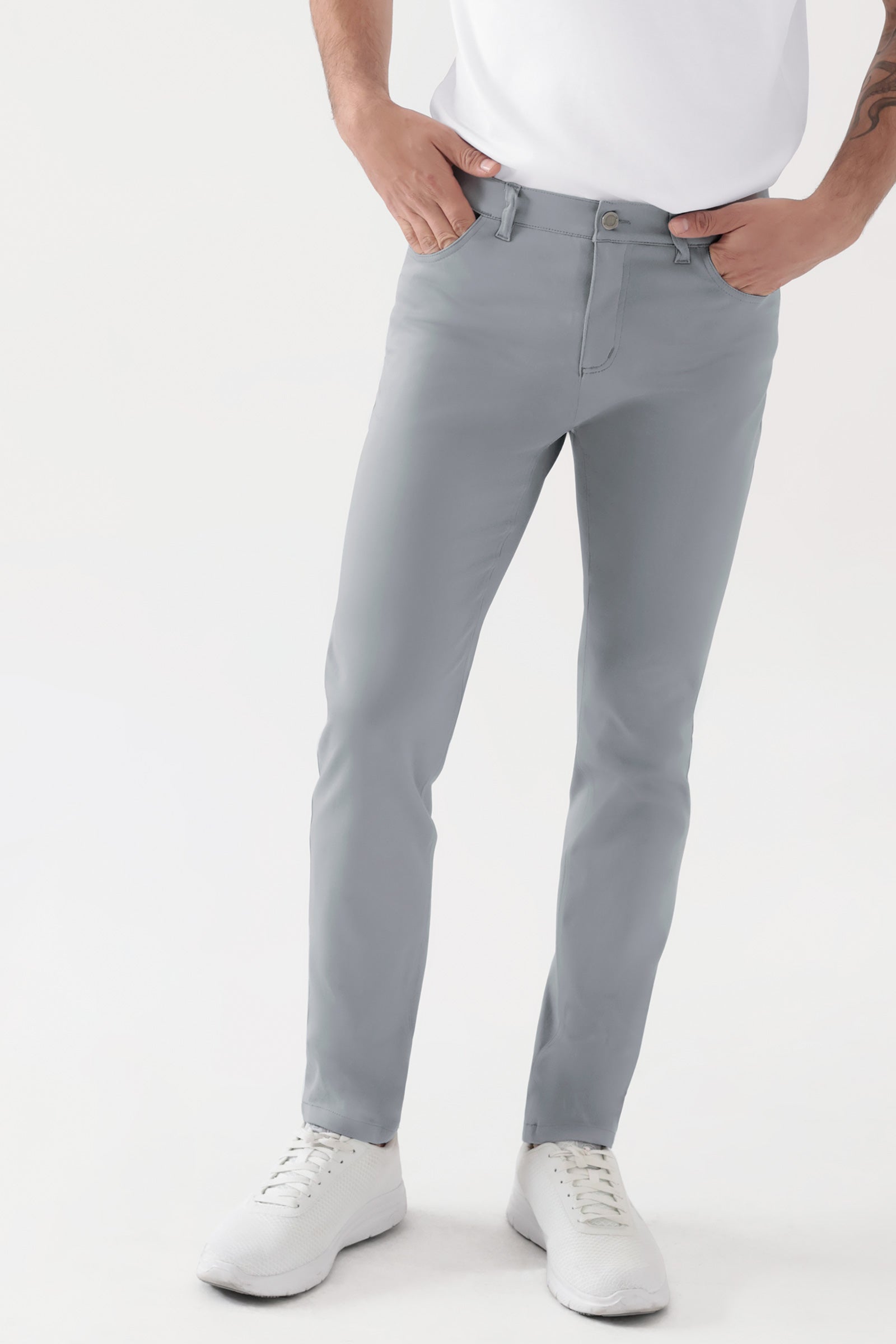 COMFY FLEX 5-Pocket Hose Herren - schlankes Bein grau, Vorderansicht Das Model ist 188 cm groß und trägt Grösse 48