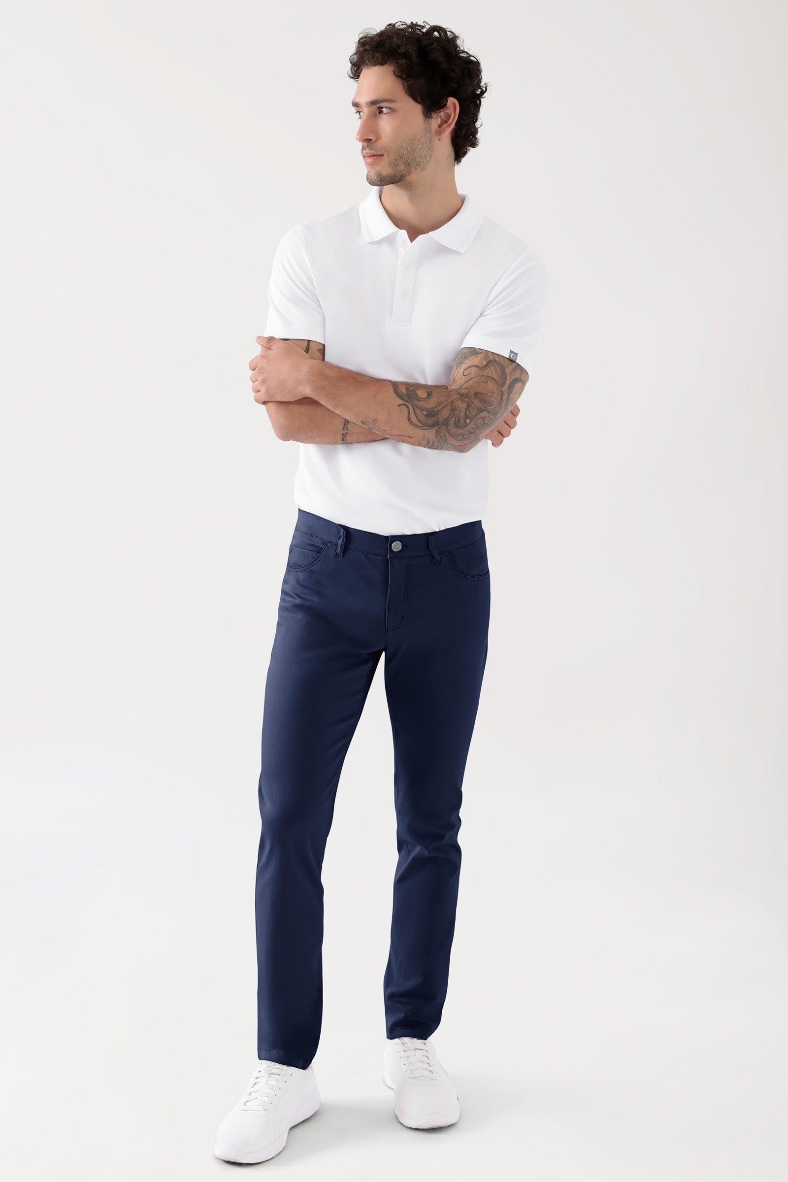 COMFY FLEX 5-Pocket Hose Herren - schlankes Bein navy, Vorderansicht Das Model ist 188 cm groß und trägt Grösse 48