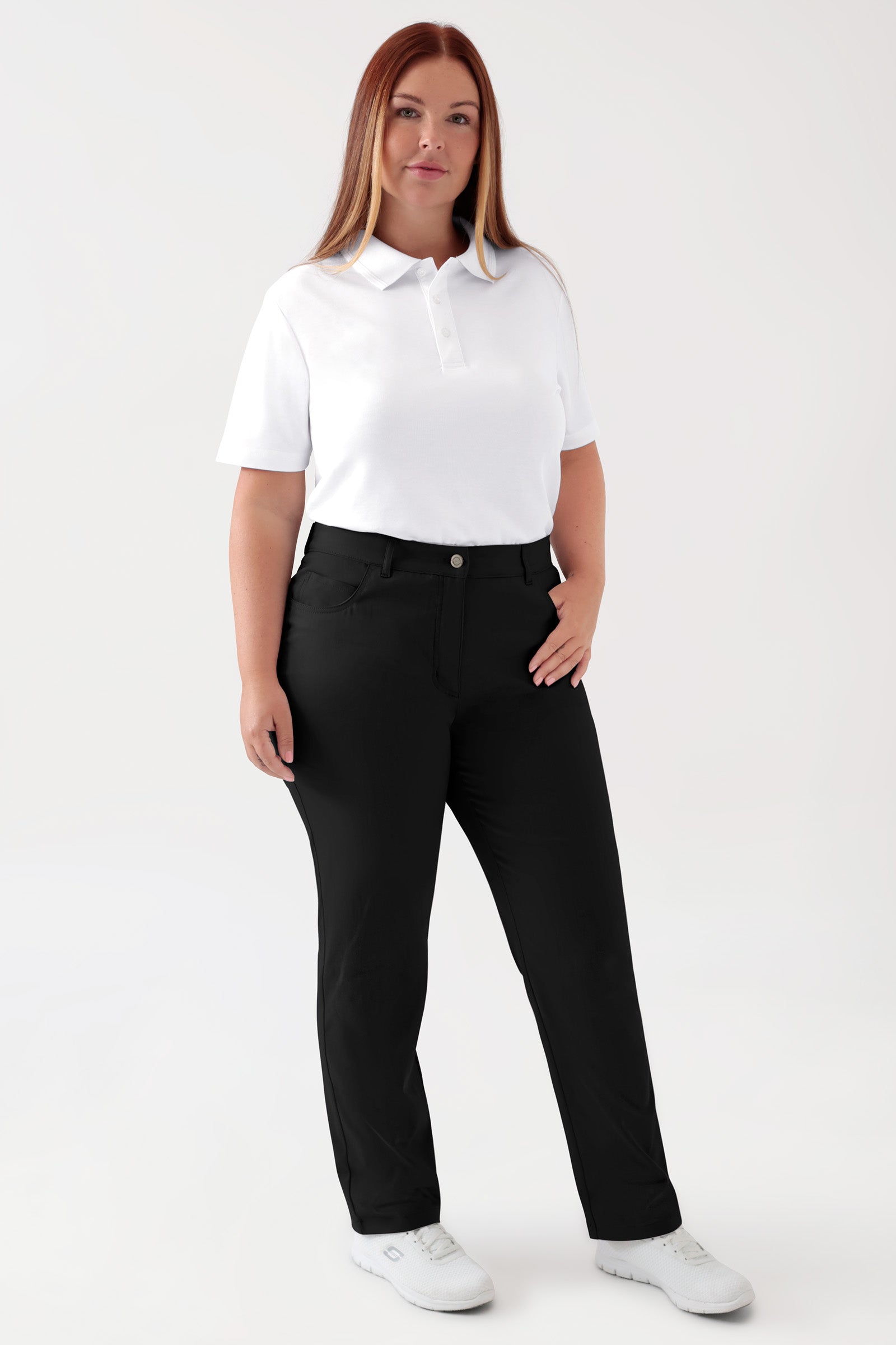 COMFY FLEX 5-Pocket Hose Damen - gerades Bein schwarz, Vorderansicht Das Model ist 173 cm groß und trägt Grösse 46