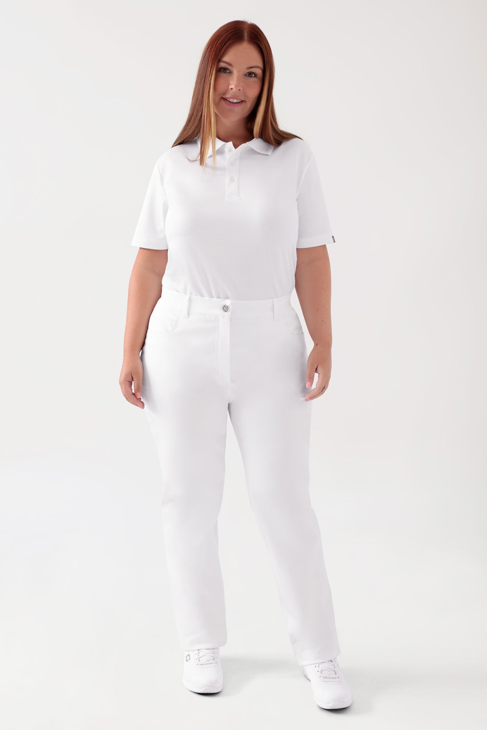 COMFY FLEX 5-Pocket Hose Damen - gerades Bein weiss, Vorderansicht Das Model ist 173 cm groß und trägt Grösse 46