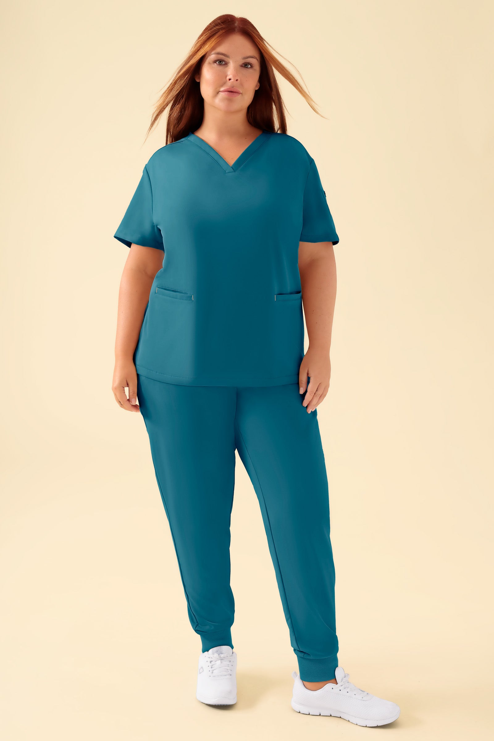 KAERE Schlupfkasack Damen - V-Ausschnitt petrol, Vue de face Le mannequin mesure 173 cm et porte la taille XL