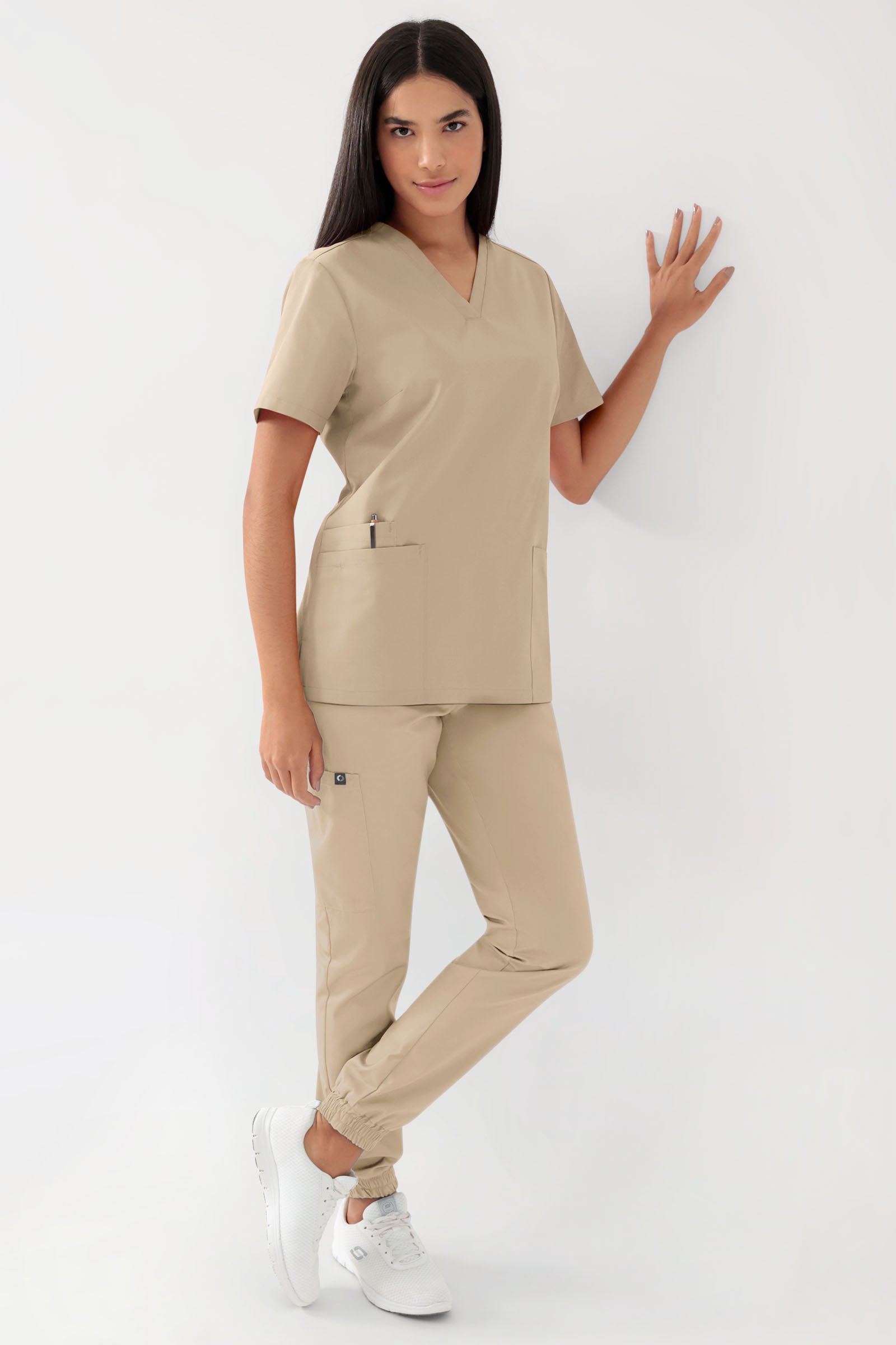 GREEN Stretch Schlupfkasack Damen - V-Ausschnitt sand