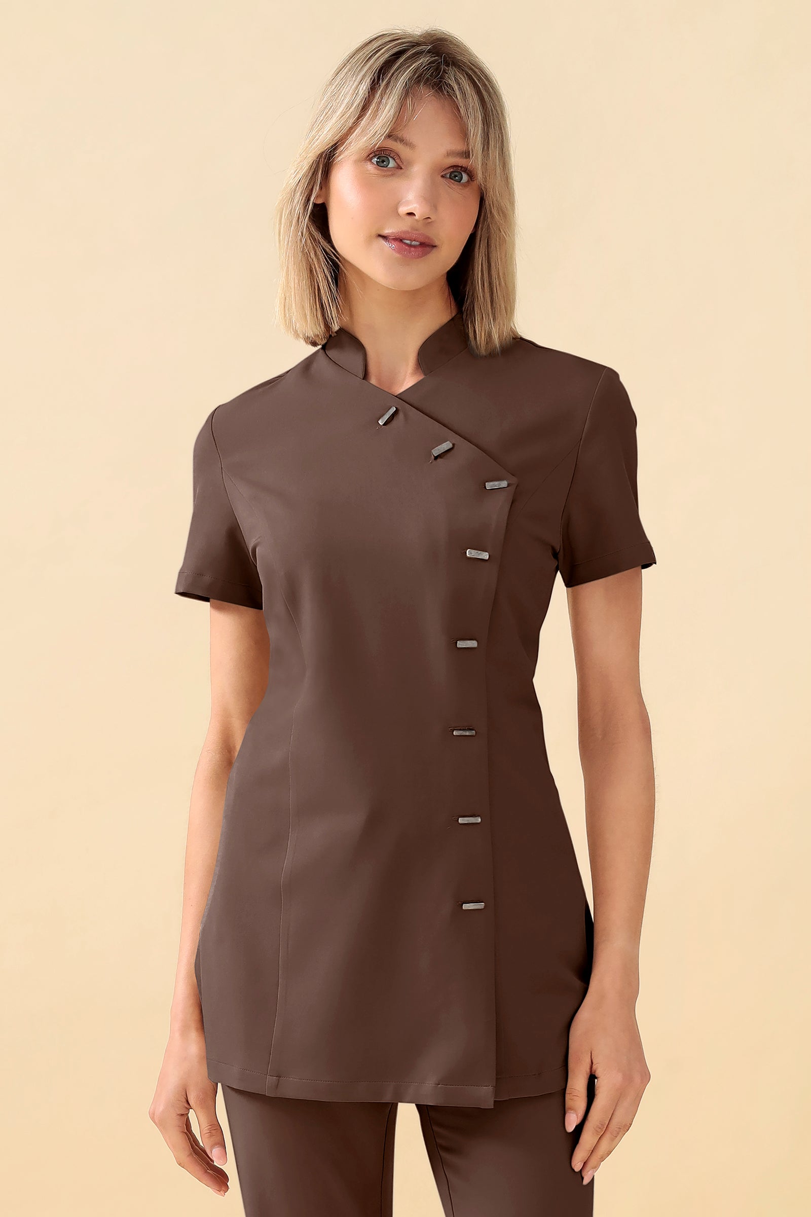 KAERE Kasack Damen - asymmetrische Knopfleiste coffee