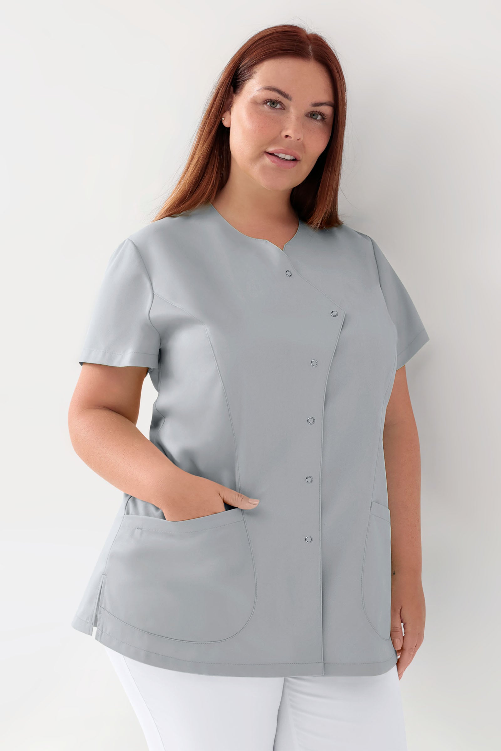 GREEN Stretch Kasack Damen - asymmetrische Druckknopfleiste perlgrau