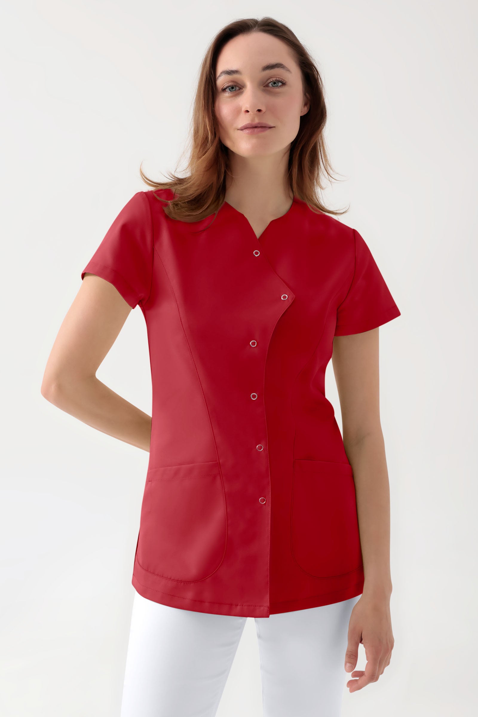 GREEN Stretch Kasack Damen - asymmetrische Druckknopfleiste rot