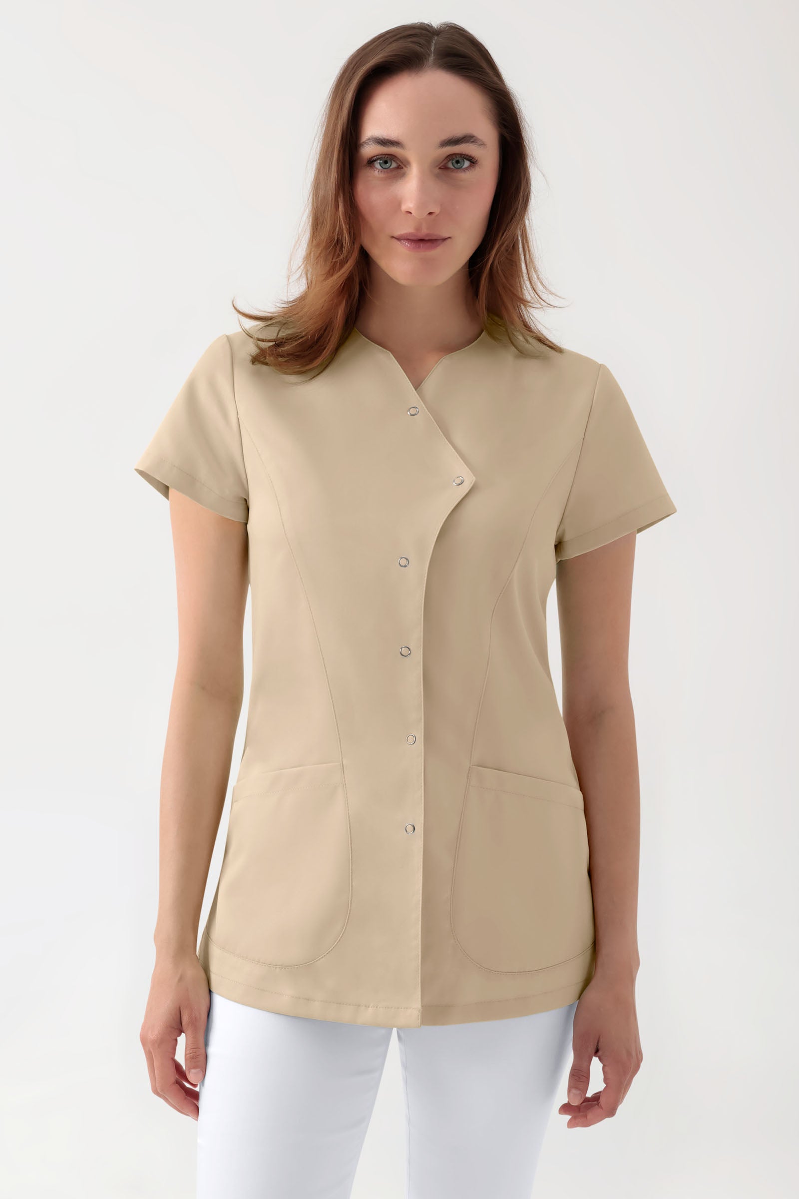 GREEN Stretch Kasack Damen - asymmetrische Druckknopfleiste sand