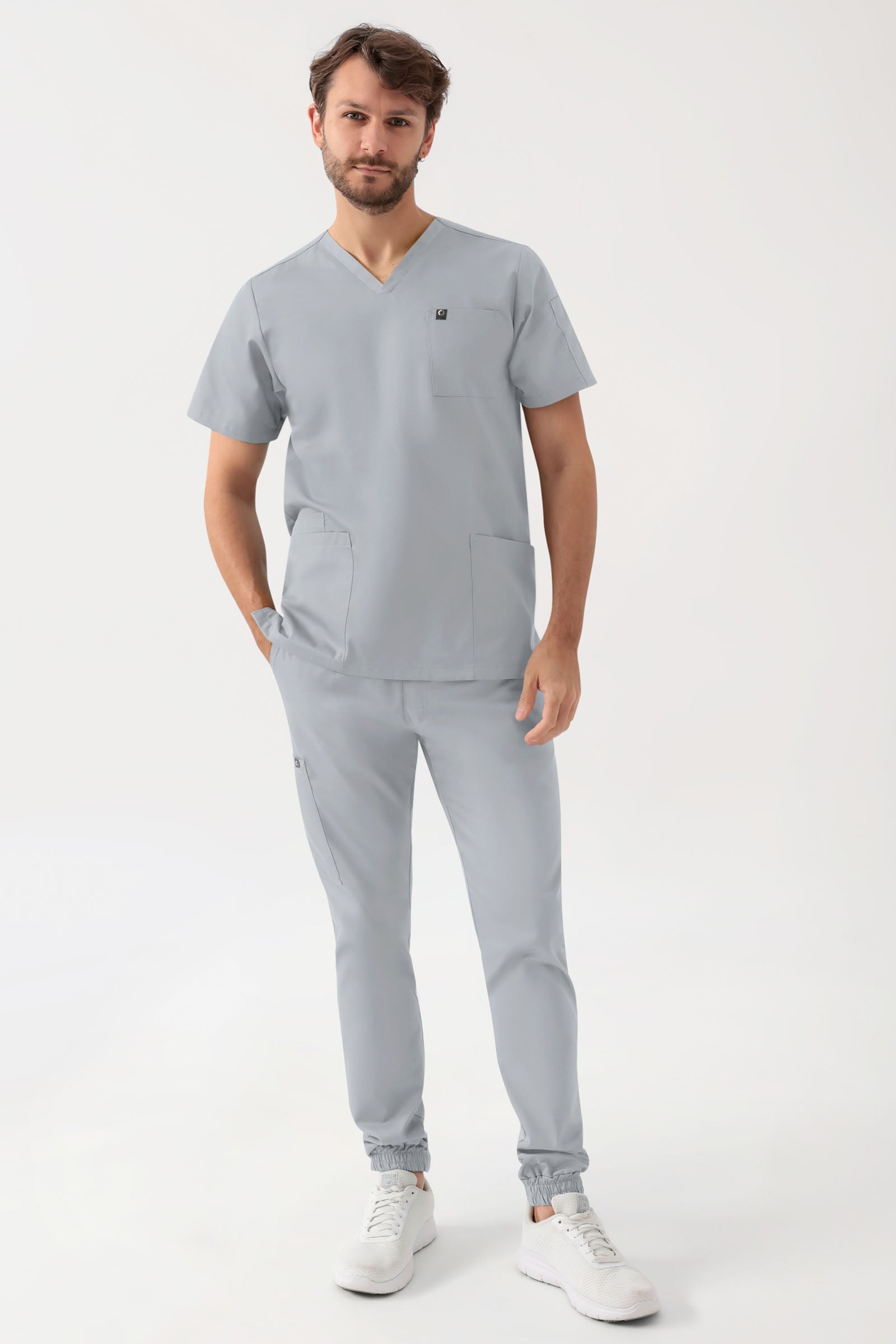 GREEN Stretch Schlupfkasack Herren - V-Ausschnitt perlgrau