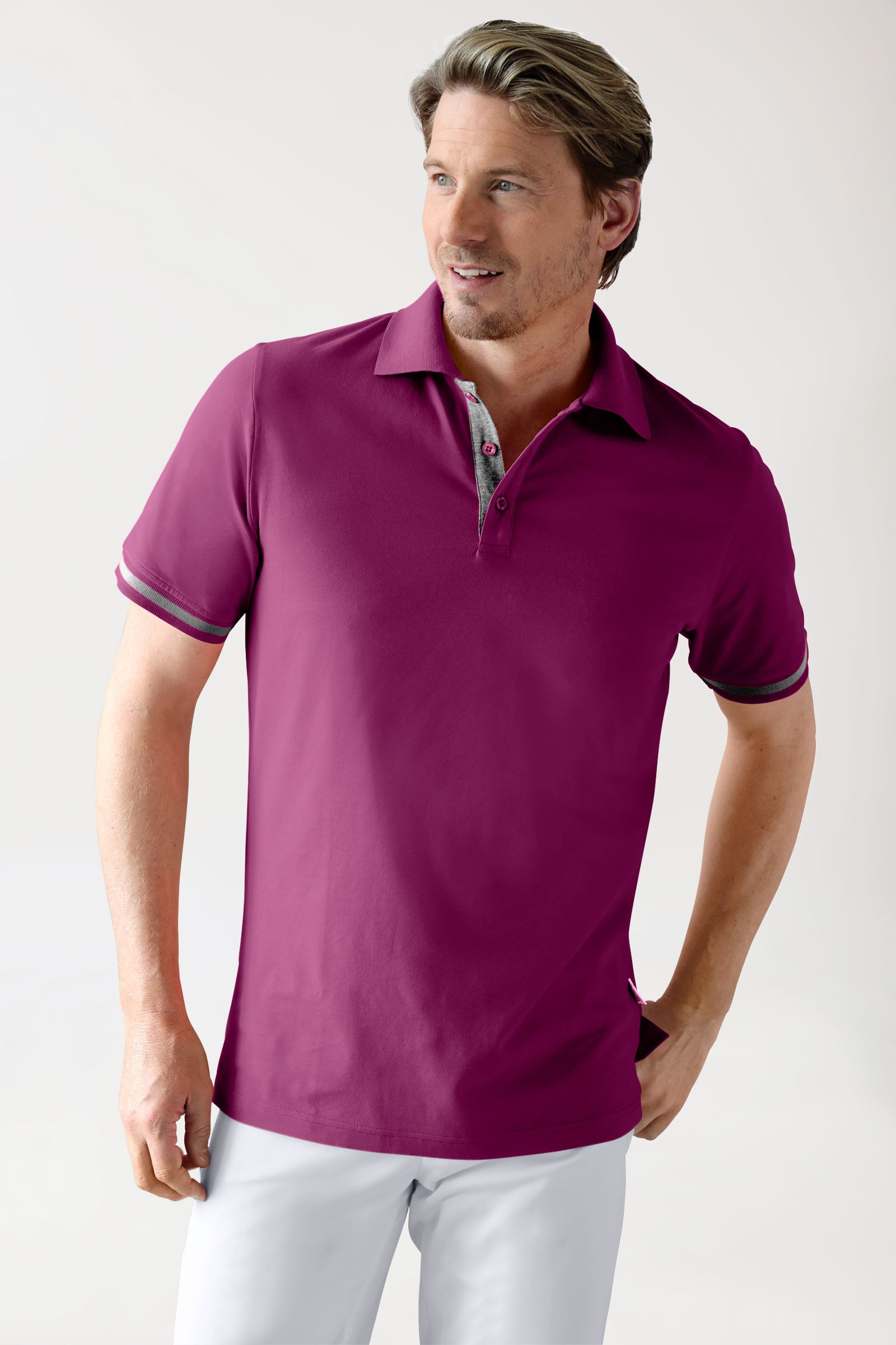 Stretch Shirt Herren - Polokragen berry/dunkelgrau melange