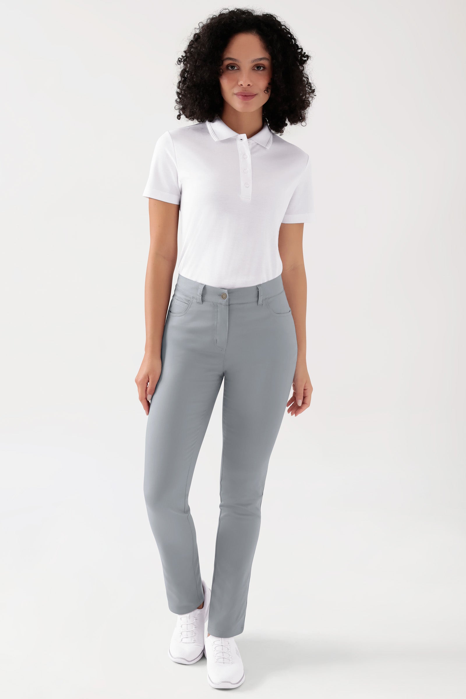 COMFY FLEX 5-Pocket Hose Damen - gerades Bein grau, Vue de face Le mannequin mesure 176 cm et porte la taille 36
