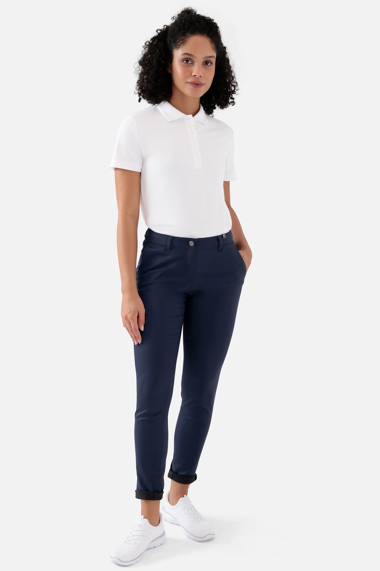 COMFY FLEX Hose Damen - Chino Style navy, Vorderansicht Das Model ist 176 cm groß und trägt Grösse 36