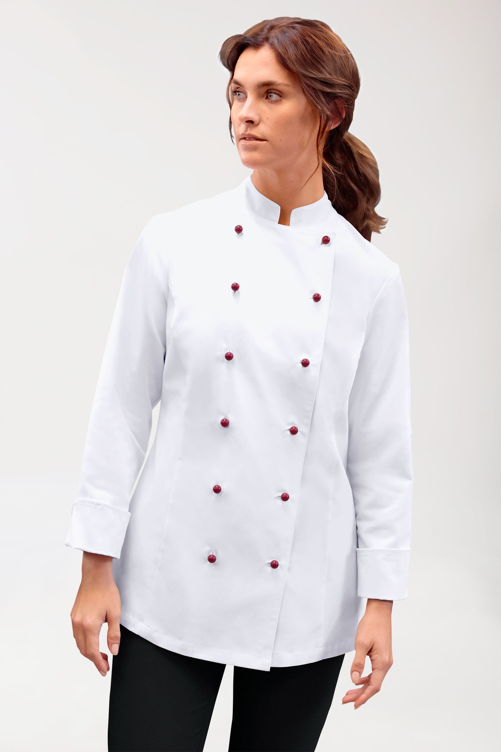 Gastro Kochjacke Damen - 6er Knopfreihe - 1/1 Arm weiss, Vorderansicht 