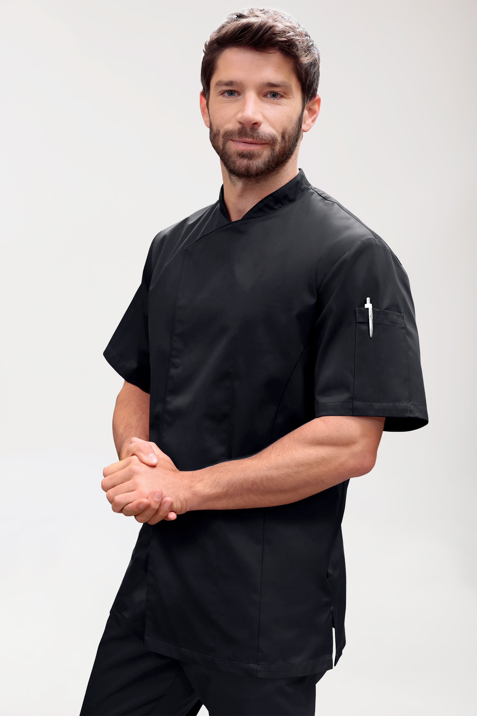 Gastro Kochjacke Herren - 1/2 Arm schwarz, Vorderansicht 