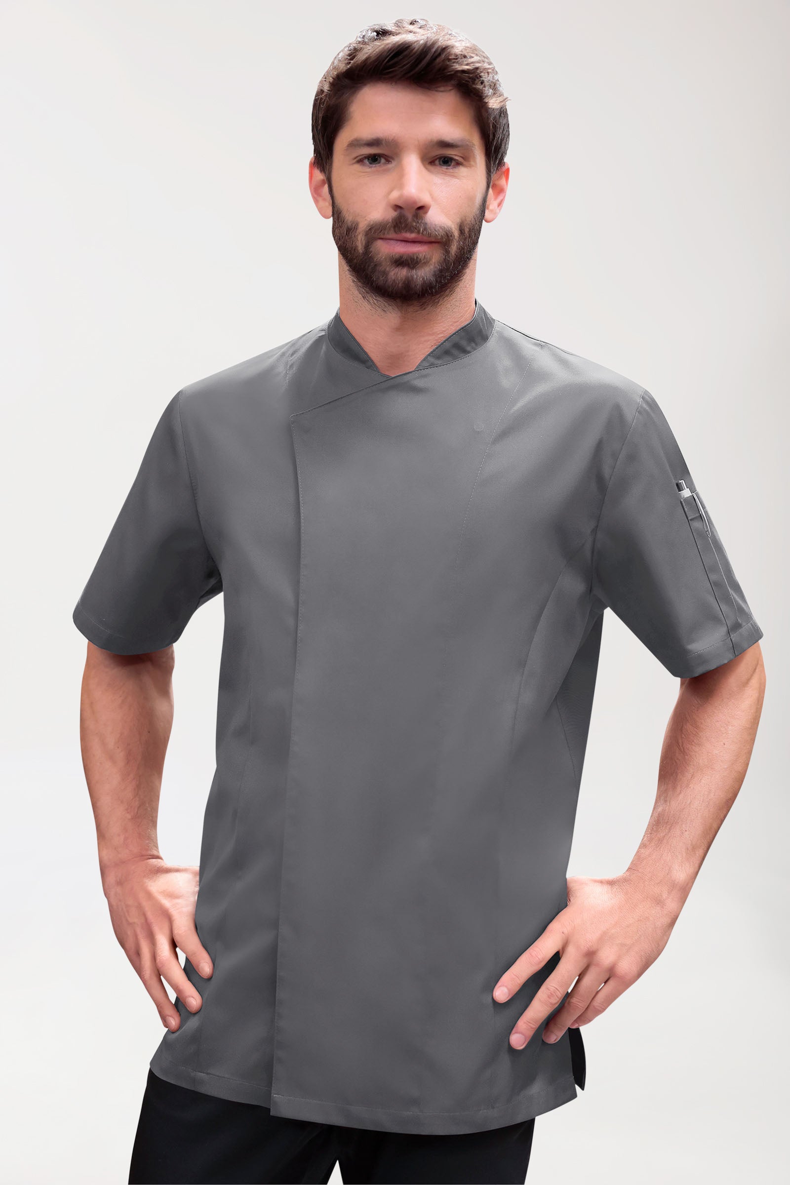 Gastro Kochjacke Herren - 1/2 Arm steingrau, Vorderansicht 
