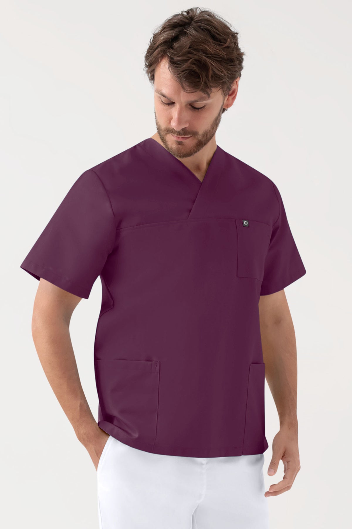GREEN Stretch Schlupfkasack Unisex - V-Ausschnitt pflaume, Vorderansicht 