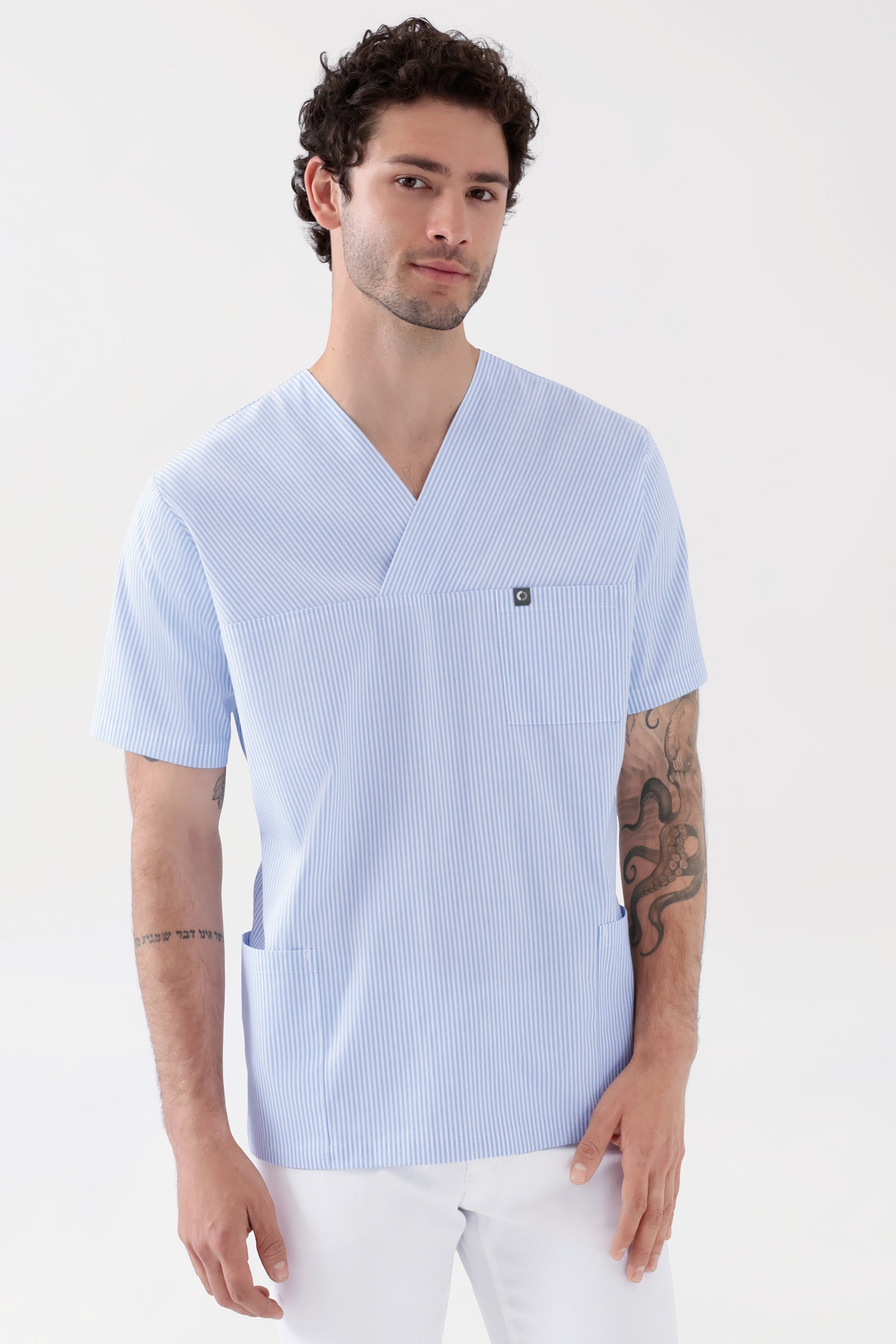Stretch Schlupfkasack Unisex - V-Ausschnitt weiss/blau