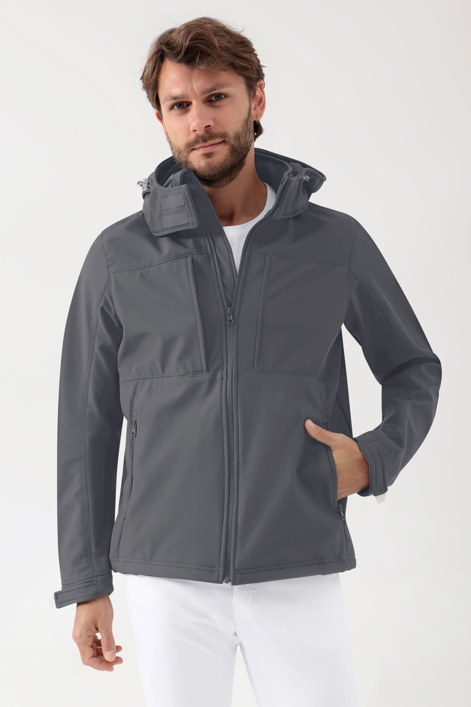 Softshell Jacken Unisex - abnehmbare Kapuze erzgrau, Vorderansicht 