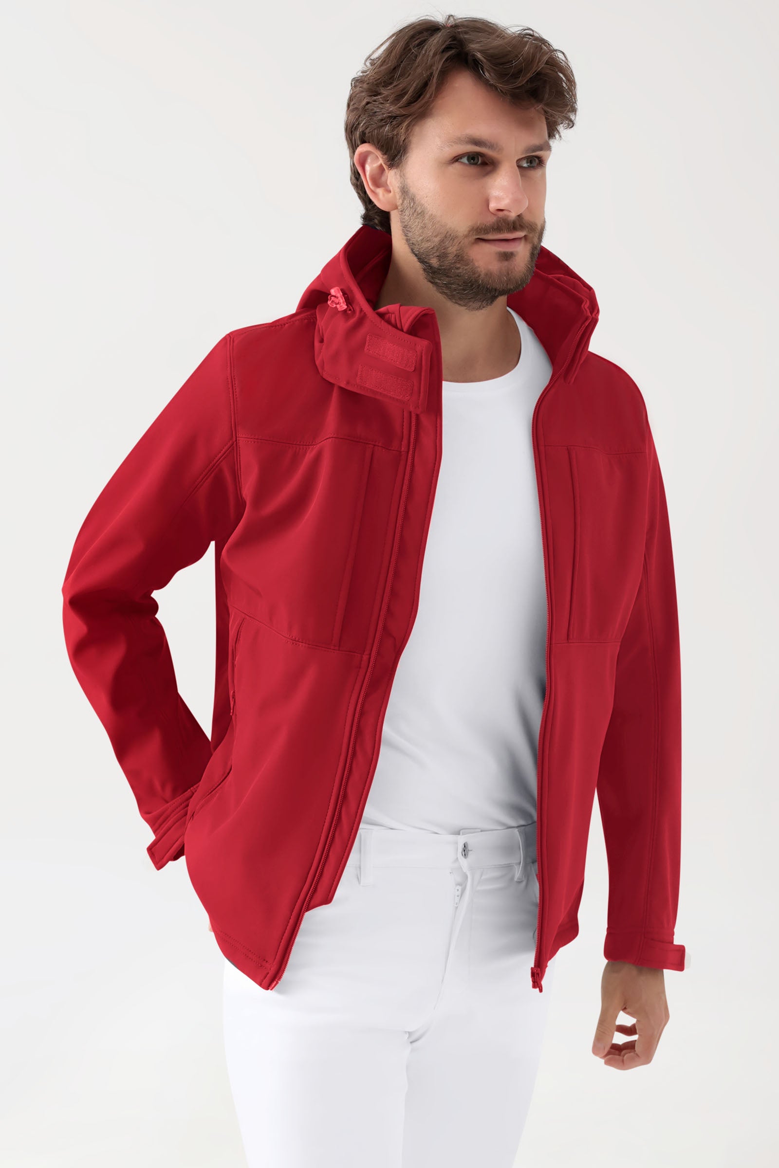 Softshell Jacke Unisex - abnehmbare Kapuze rot, Vorderansicht 