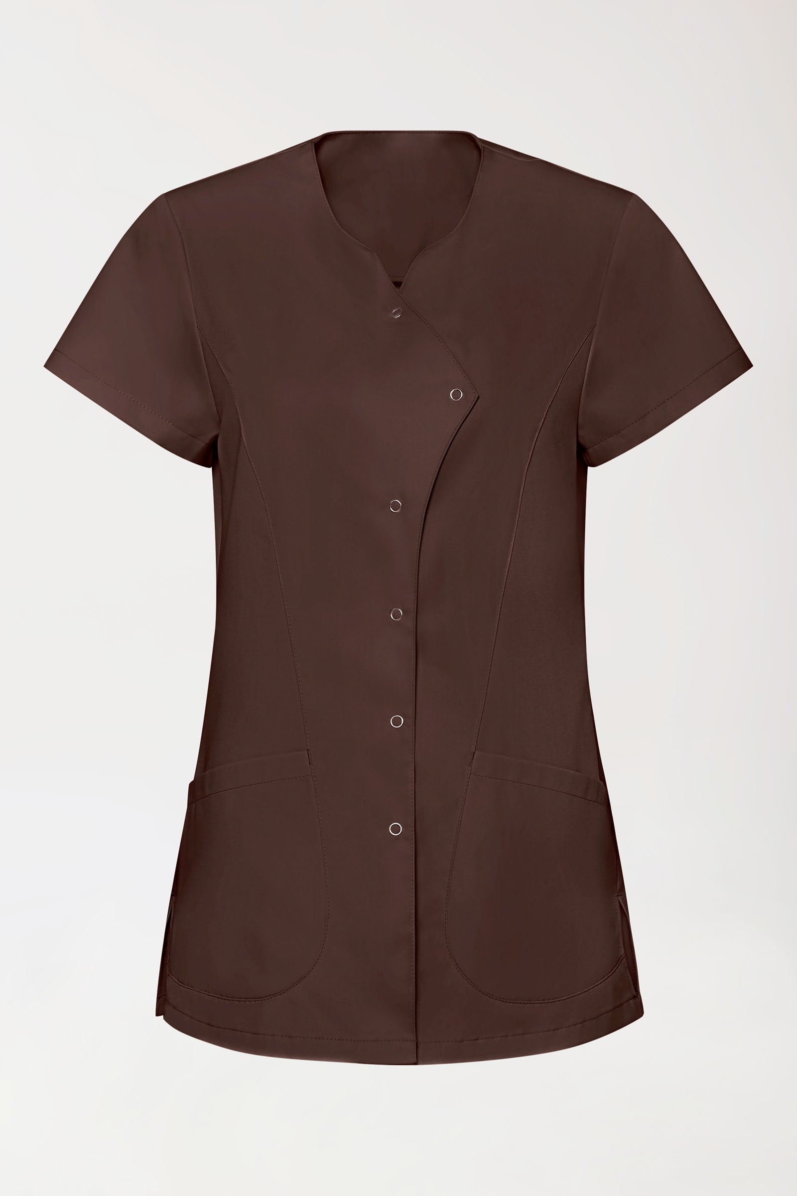 GREEN Stretch Kasack Damen - asymmetrische Druckknopfleiste coffee, Vue de face 