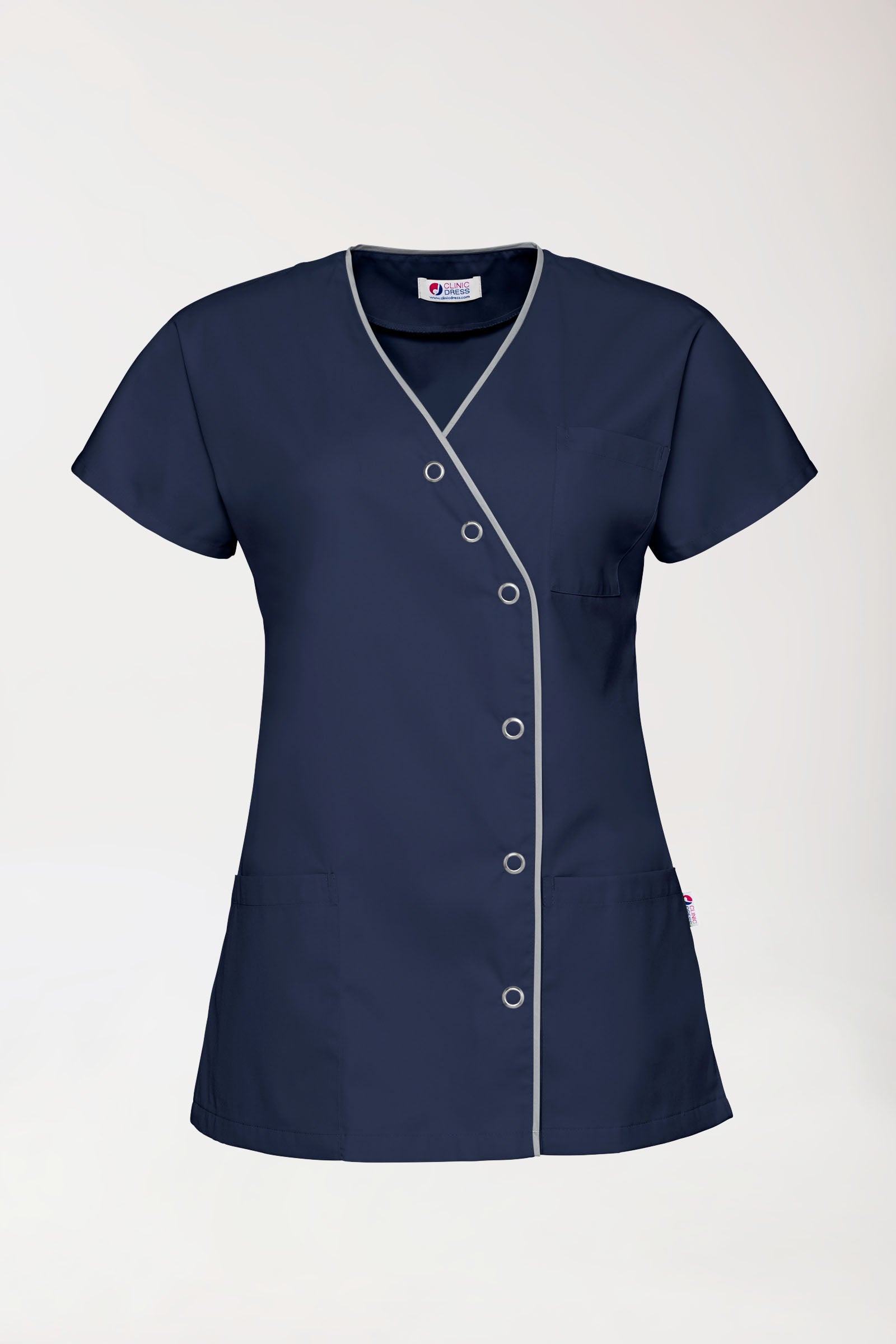 Beauty Kasack Damen - asymmetrische Druckknopfleiste navy/grau, Vue de face 