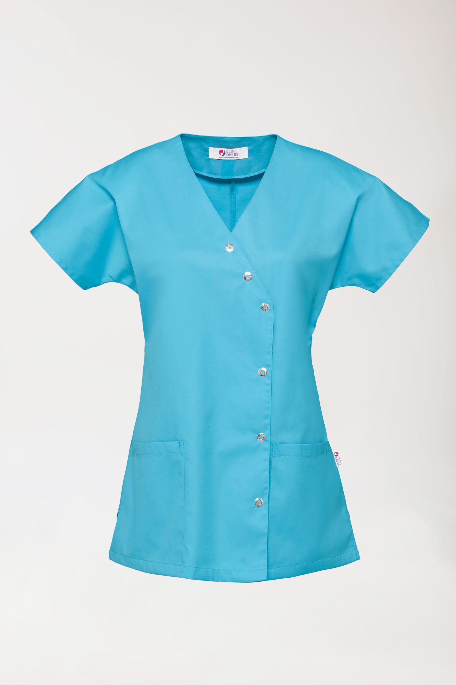 Beauty Kasack Damen - asymmetrische Druckknopfleiste türkis, Vorderansicht 