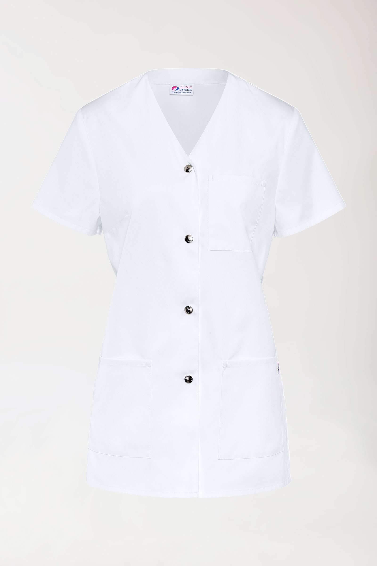 Beauty Kasack Damen - V-Ausschnitt - Druckknopfleiste weiss, Vorderansicht 