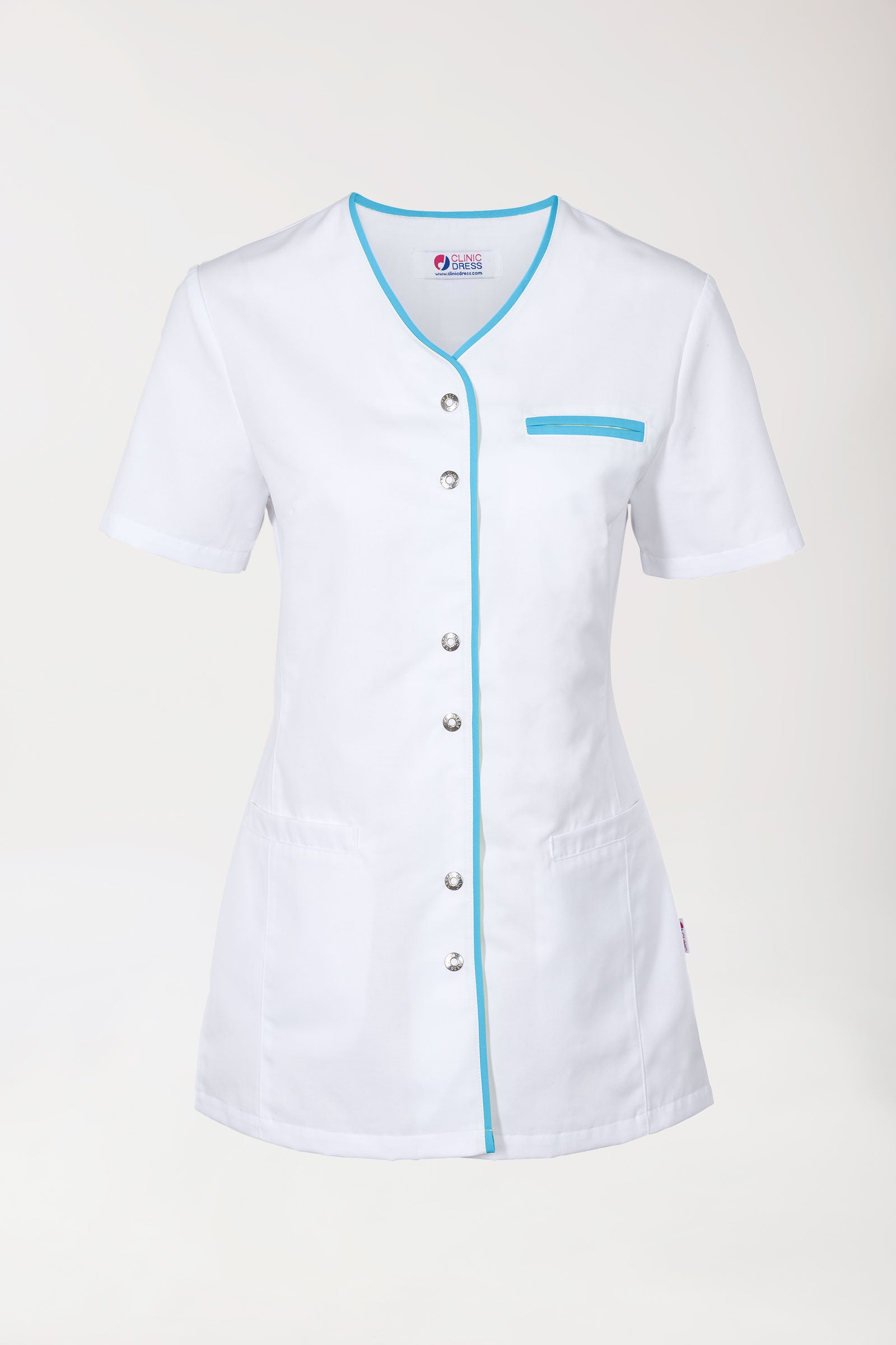 Beauty Kasack Damen - durchgeknöpft weiss/türkis