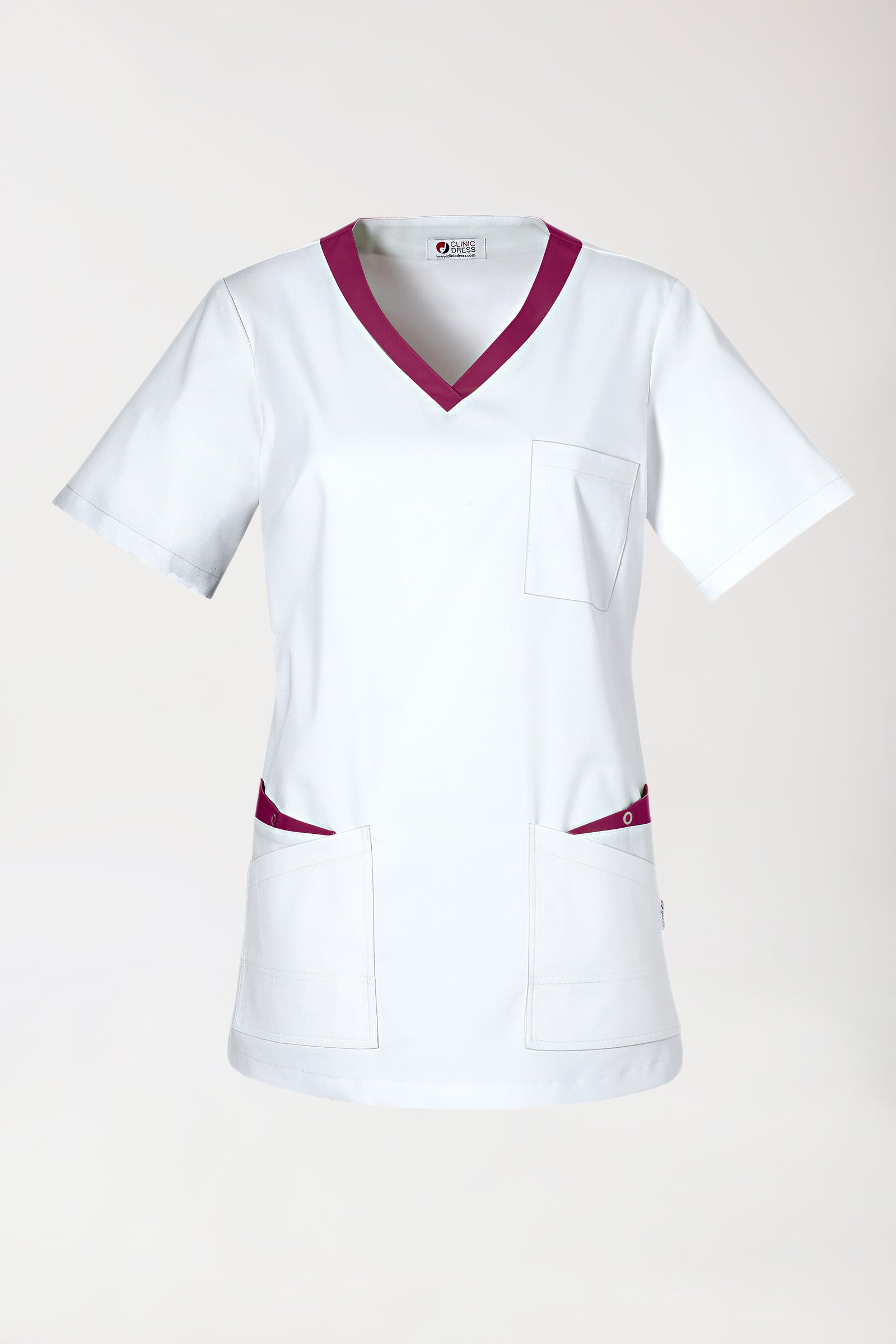 CLINIC STRETCH Schlupfkasack Damen - 1/2 Arm weiss/berry, Vorderansicht 