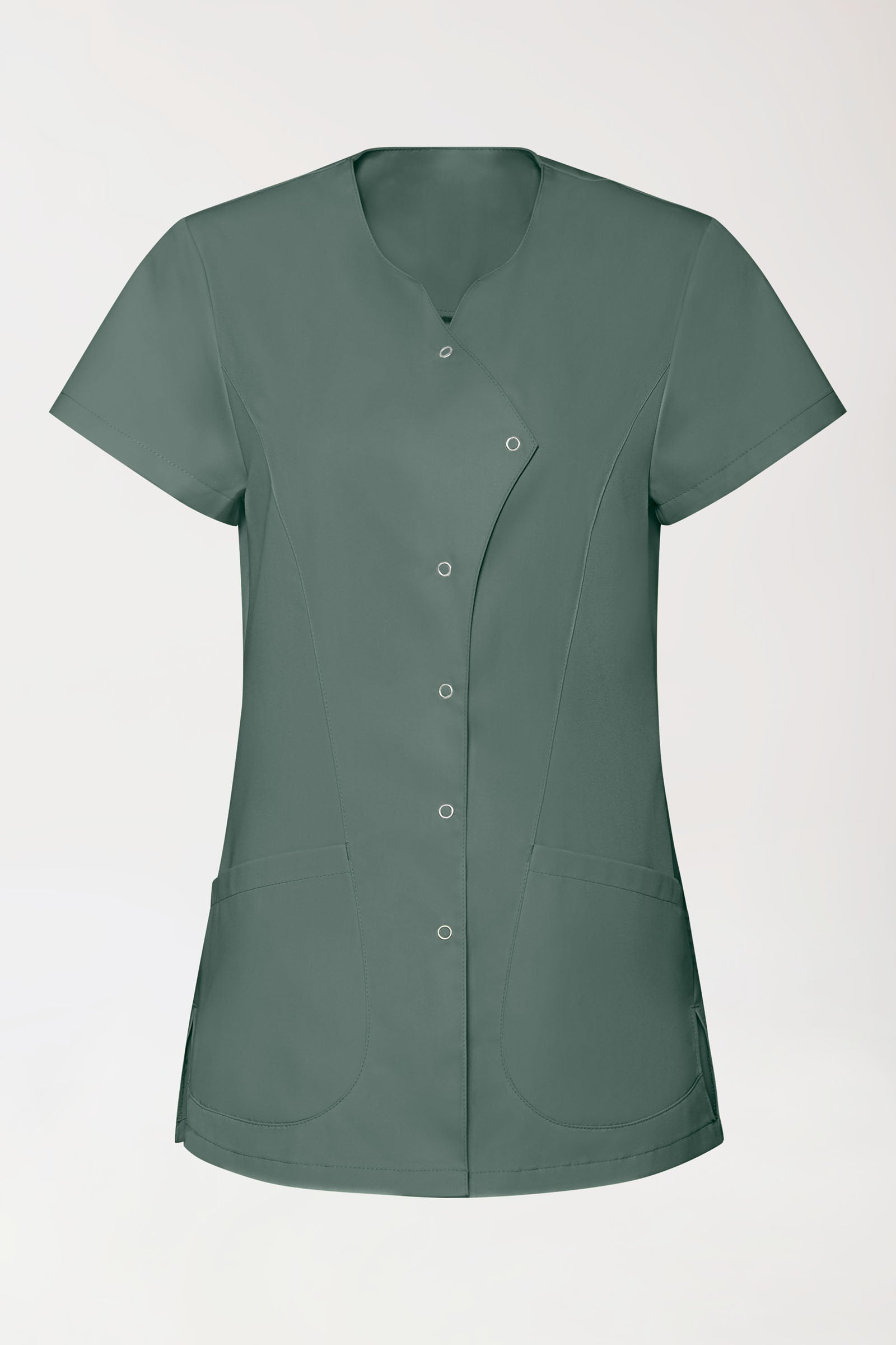 GREEN Stretch Kasack Damen - asymmetrische Druckknopfleiste dunkelgrün, Vue de face 