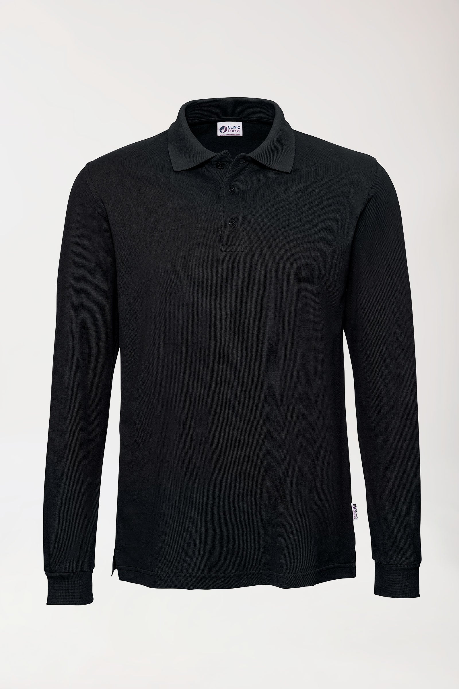 Langarm-Poloshirt Schwarz Unisex, Vorderansicht 