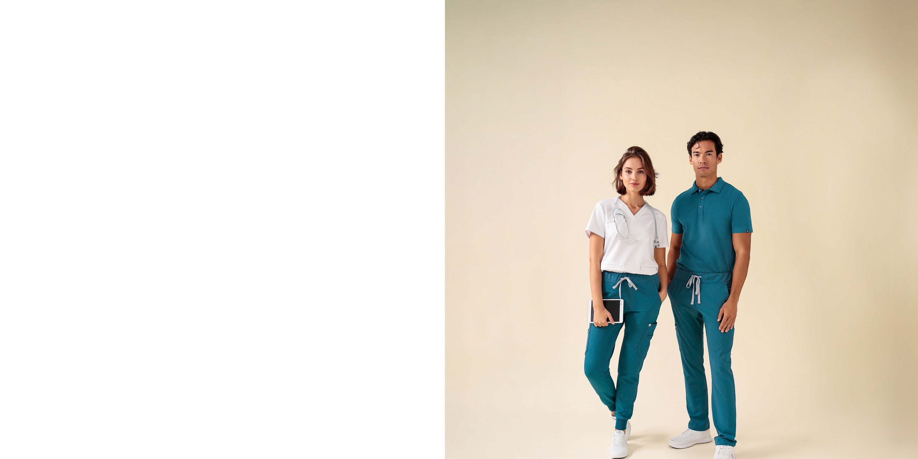 Damen- und Herren-Model ausgestattet mit der KAERE Kollektion von CLINIC DRESS.